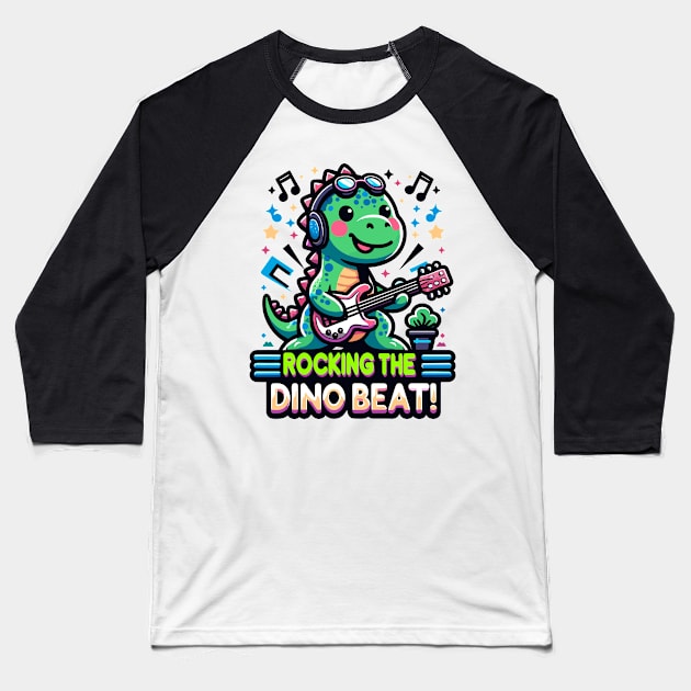 Musical Dino Groove: Jam Session Design Baseball T-Shirt by WEARWORLD